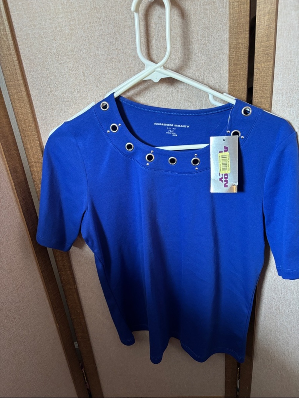 Allison Daley Blue Short Sleeve Top with Grommet Neck Petite Small NWT